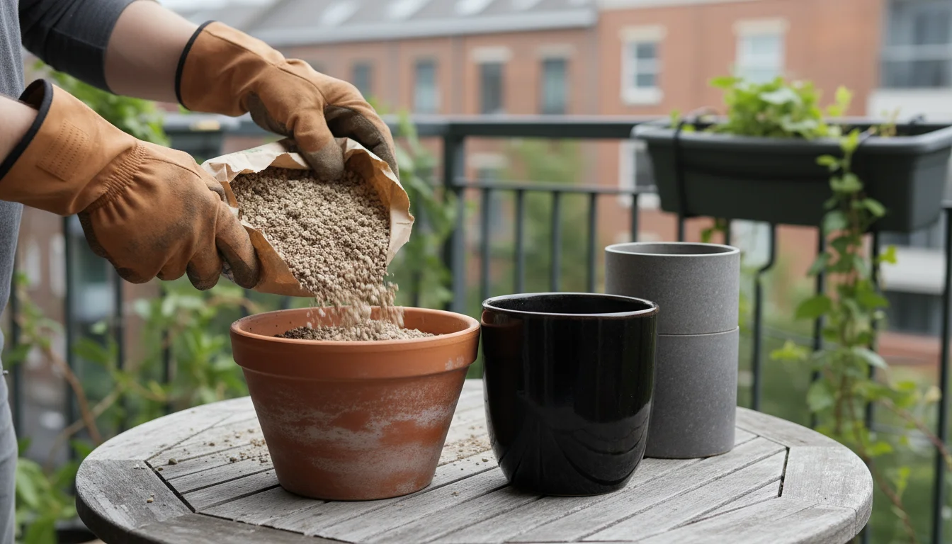 Gardener's gloved hands scoop gritty soil into a terracotta pot on a patio table. Other empty containers and soil amendments are visible, suggesting p