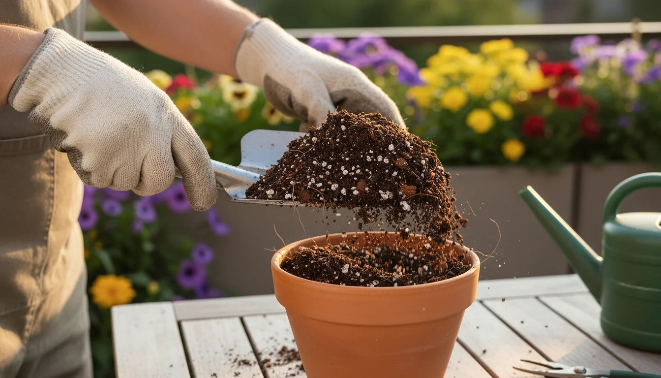 Gardener's gloved hands scooping textured peat-free potting mix into a terracotta pot on a wooden balcony table.