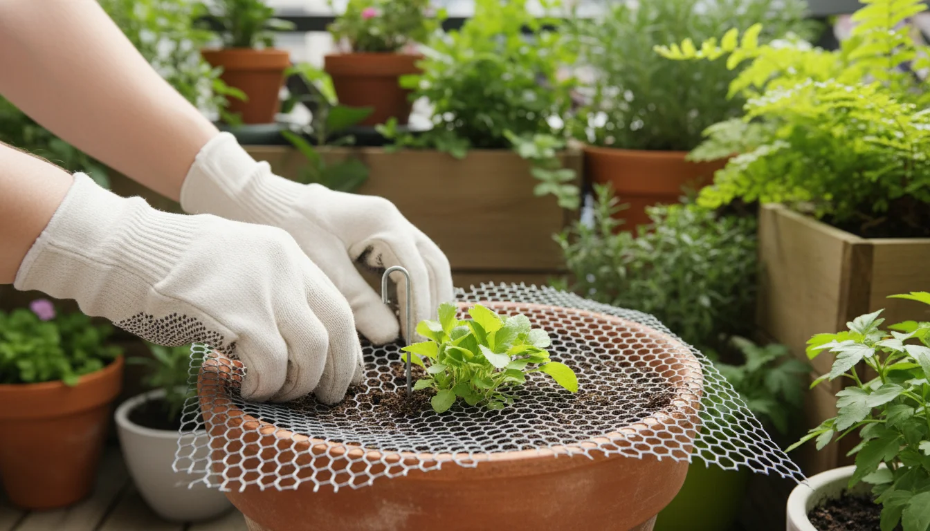 A gardener's gloved hands secure a mesh hardware cloth over the soil of a terracotta pot on an urban balcony, protecting a plant.