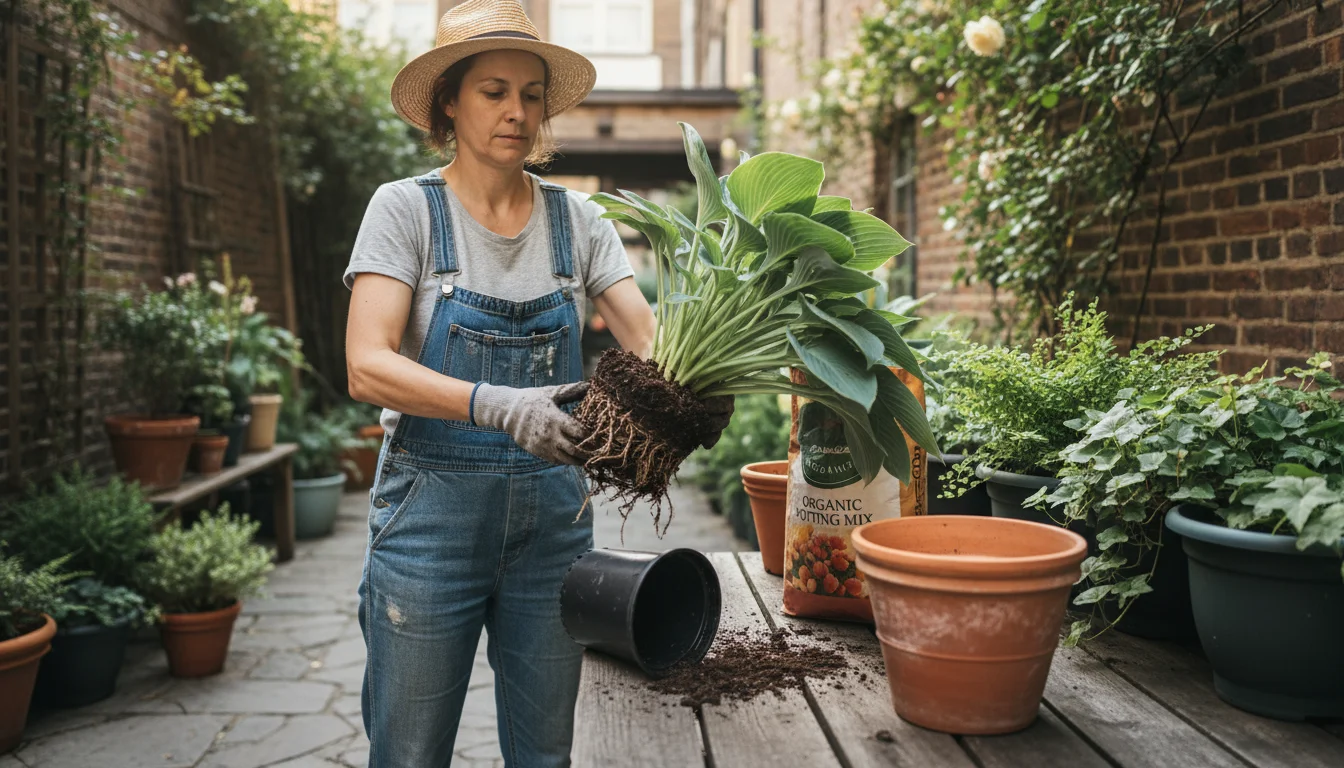 Gardener's gloved hands gently separating the root ball of a Hosta perennial on a wooden bench, with pots and soil nearby.