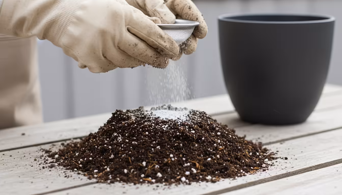 Gardener's gloved hands sifting bone meal onto a pile of premium potting mix on a wooden bench, with an empty gray container in background.