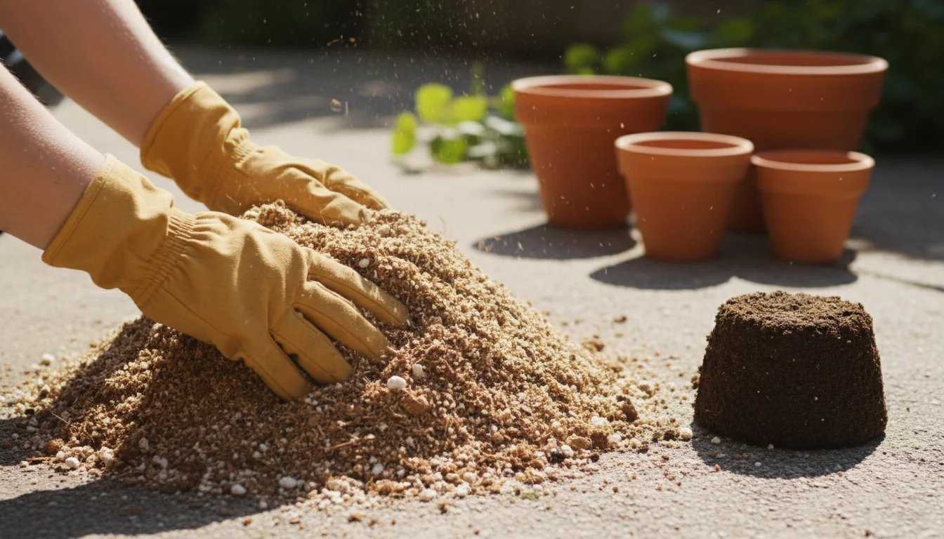 A gardener's gloved hands sifting light, airy potting mix on a patio, with a dense clod of garden soil nearby and blurred pots.