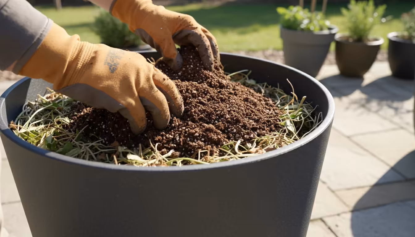 A gardener's gloved hands spreading fresh dark compost over a layer of chopped cover crops in a modern dark grey container.