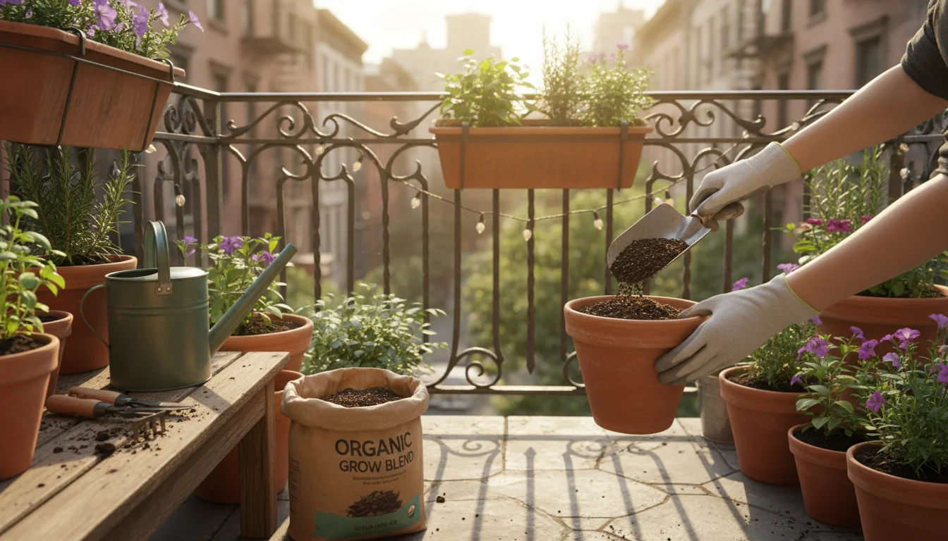 Gardener's gloved hands sprinkle dark compost into a terracotta pot on a sunlit balcony potting bench.