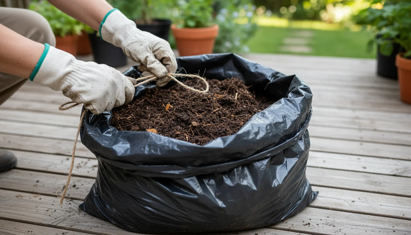 Close-up of gardener's gloved hands tightly securing the top of a black contractor bag filled with used potting mix on a patio.