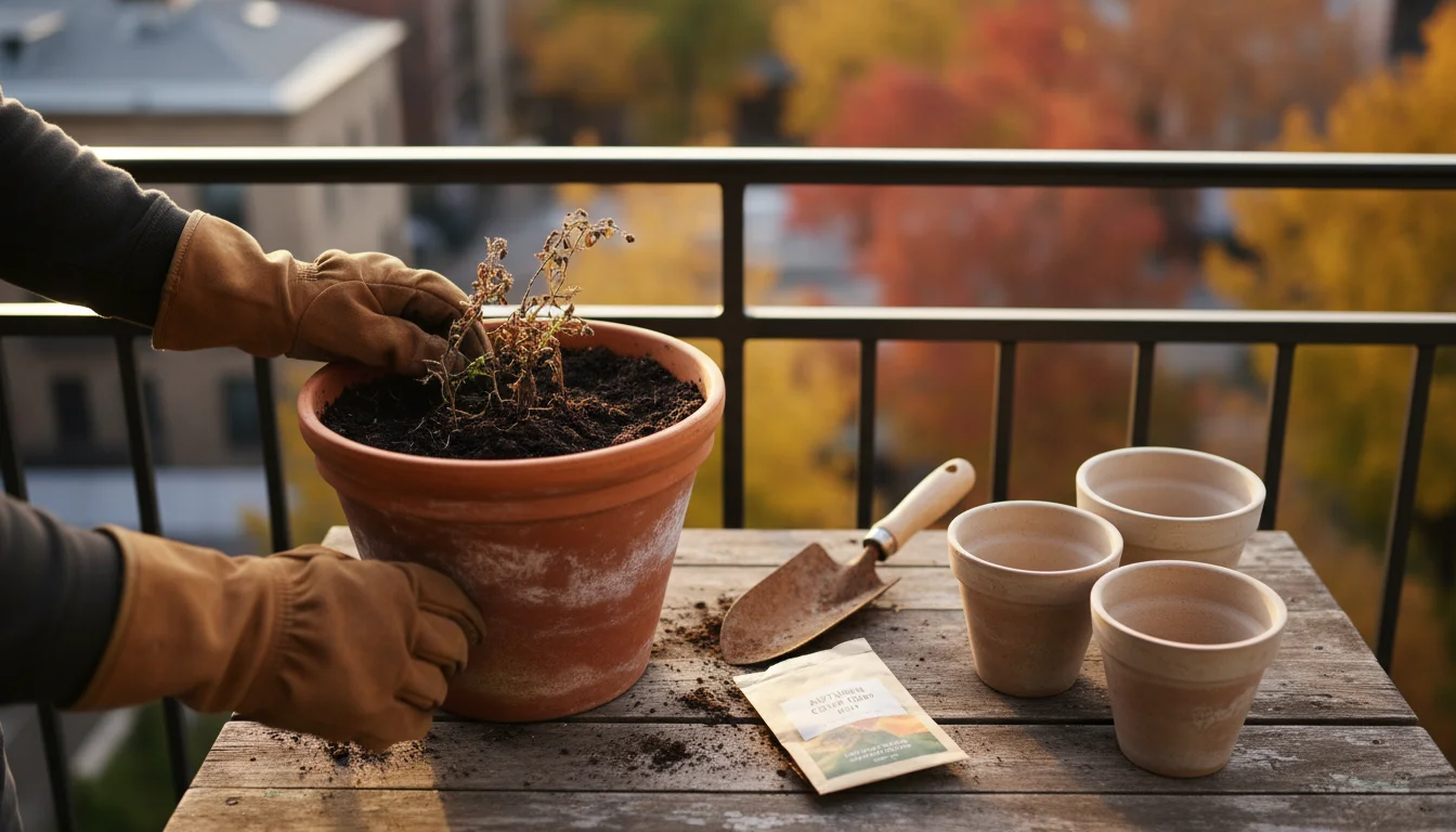 Gardener's gloved hands turning soil in a terracotta pot on a balcony, with other empty pots and cover crop seeds, signifying fall soil renewal.