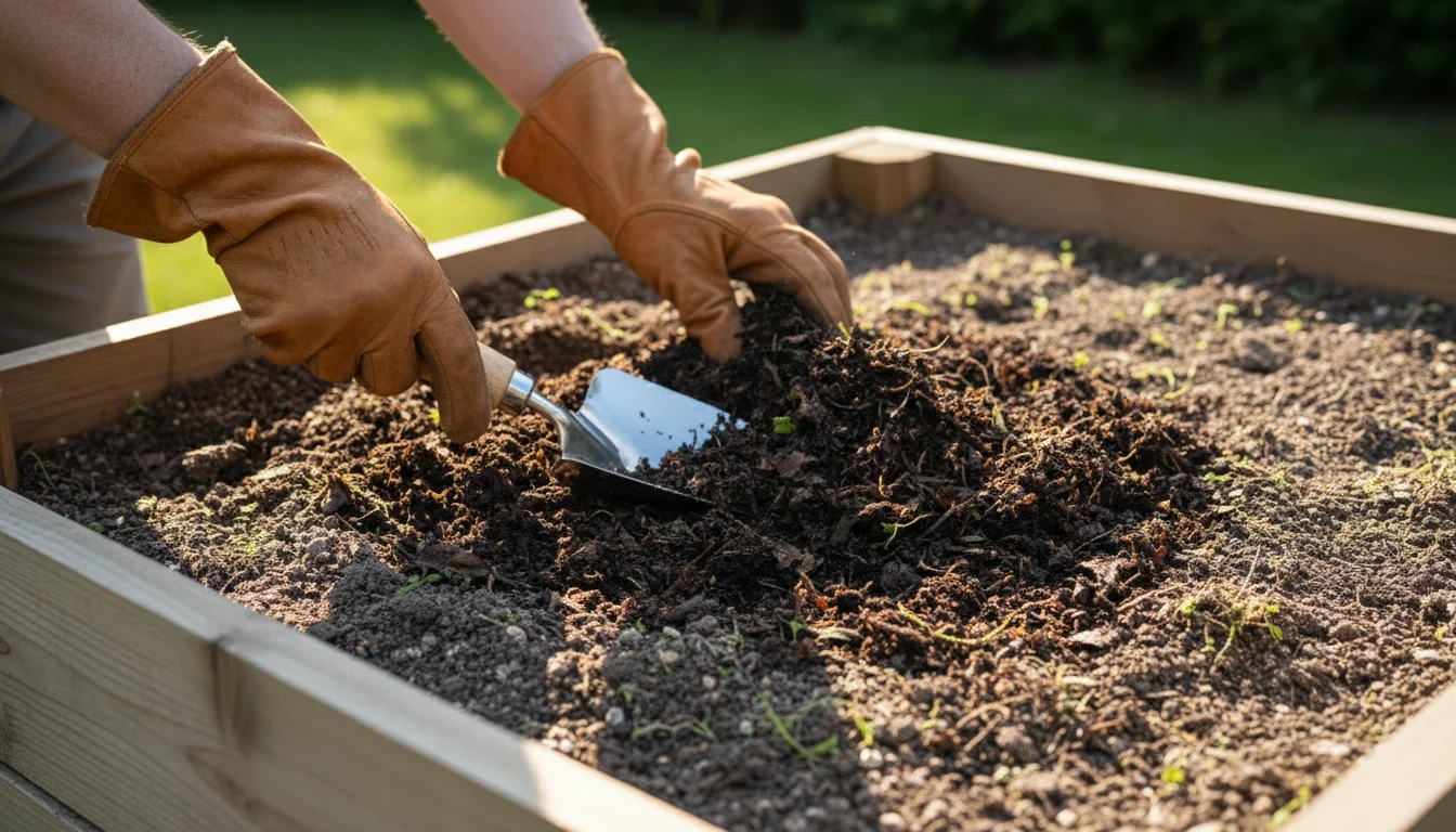 Gardener's gloved hands use a hand trowel to mix dark compost into lighter soil within a timber-edged raised bed on a patio.