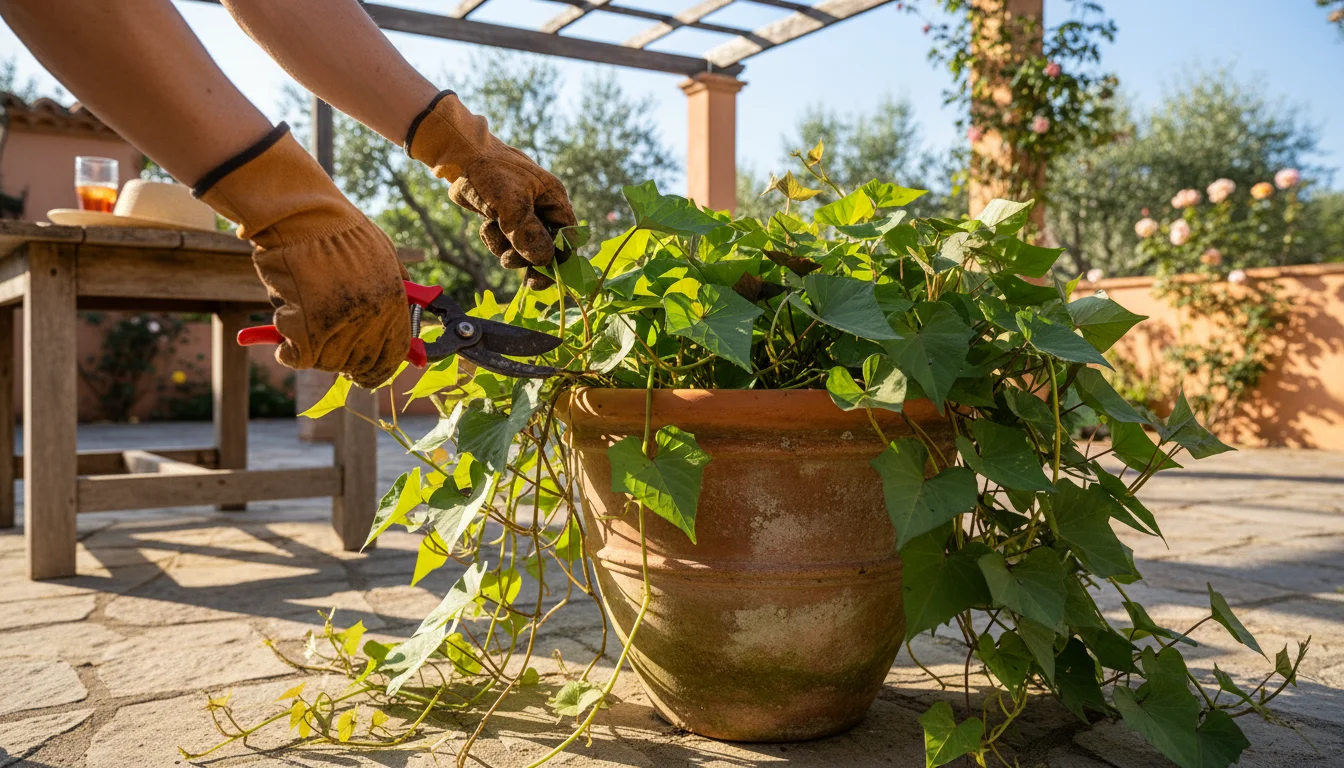 A gardener's gloved hands use red pruning shears to cut back the sprawling vines of a sweet potato plant in a large terracotta pot on a sunny patio.