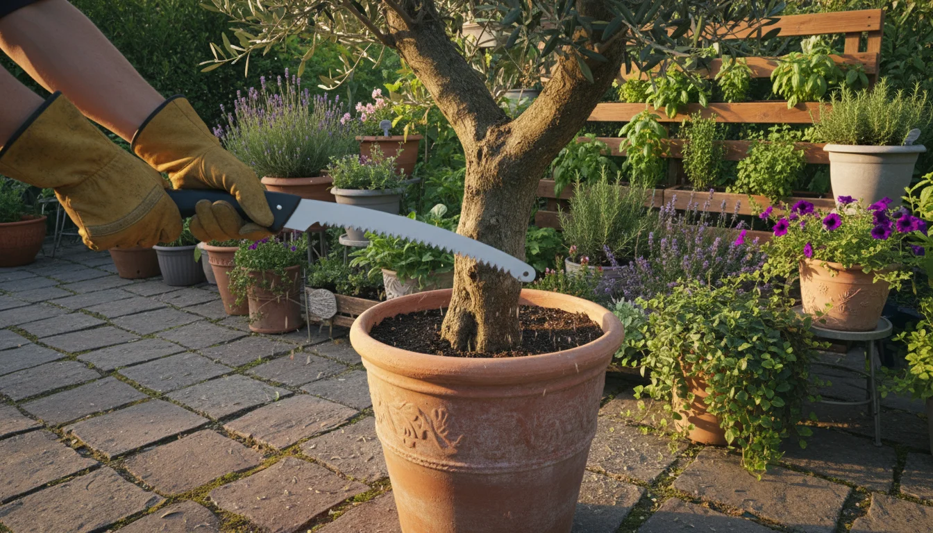 Gardener's gloved hands using a folding pruning saw to cut a thick branch from a dwarf olive tree in a large patio container.