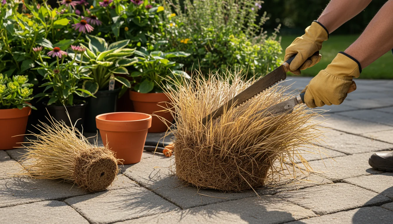 Gardener's gloved hands using a saw to divide a dense clump of ornamental grass on a patio, with a smaller division nearby.
