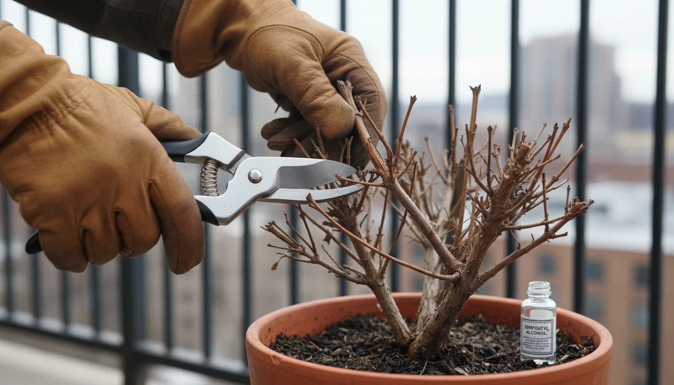 Gardener's gloved hands using sharp, clean bypass pruners to cut an old stem from a compact shrub in a terracotta pot on a balcony. Rubbing alcohol bo