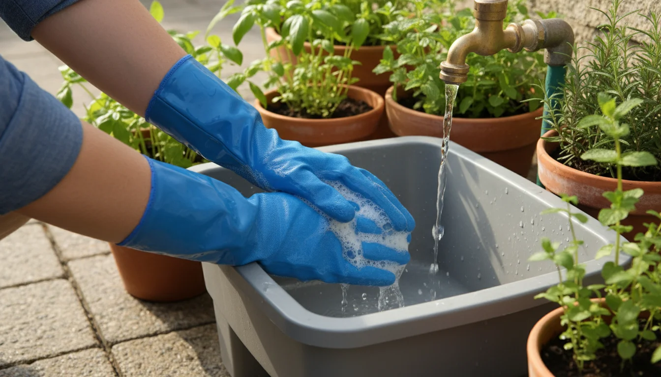Gardener's gloved hands, wearing blue coated fabric gloves, actively washing with soap and water in an outdoor basin.