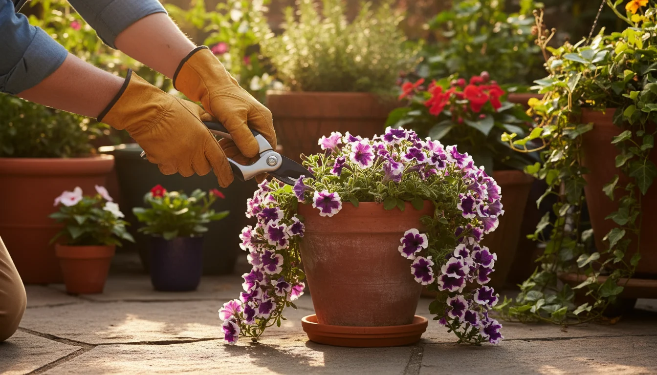 Gardener in gloves making a precise cut on a petunia in a terracotta pot on a sun-drenched patio, container plants in background.