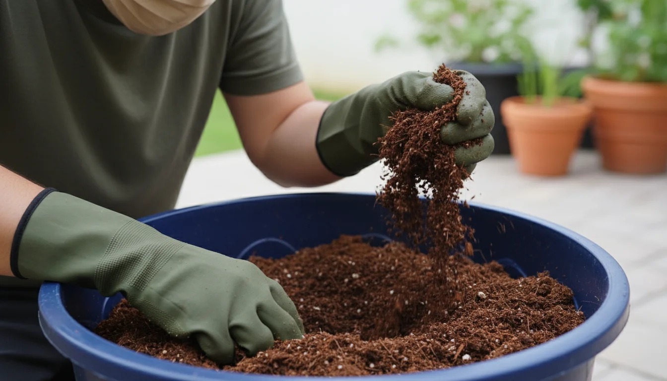 A gardener in gloves and a mask mixes dark brown soil in a blue tub on a balcony, showing the mix's ideal crumbly texture.