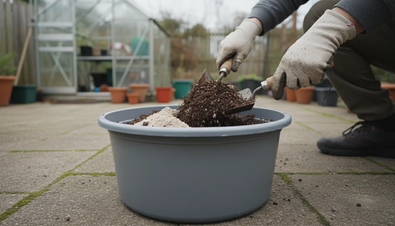 A gardener in gloves uses a small shovel to mix dark soil with lighter amendments in a large grey plastic tub on a patio.