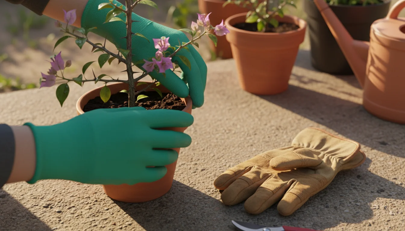 Gardener in green nitrile glove holds a thorny bougainvillea stem on a sunny patio, with robust leather gloves nearby.