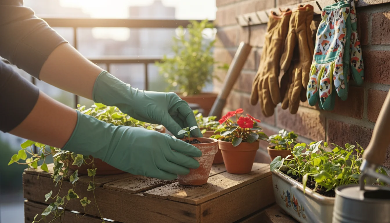 Gardener in green nitrile gloves transplants seedling into pot on balcony; other glove types hang in soft focus background.
