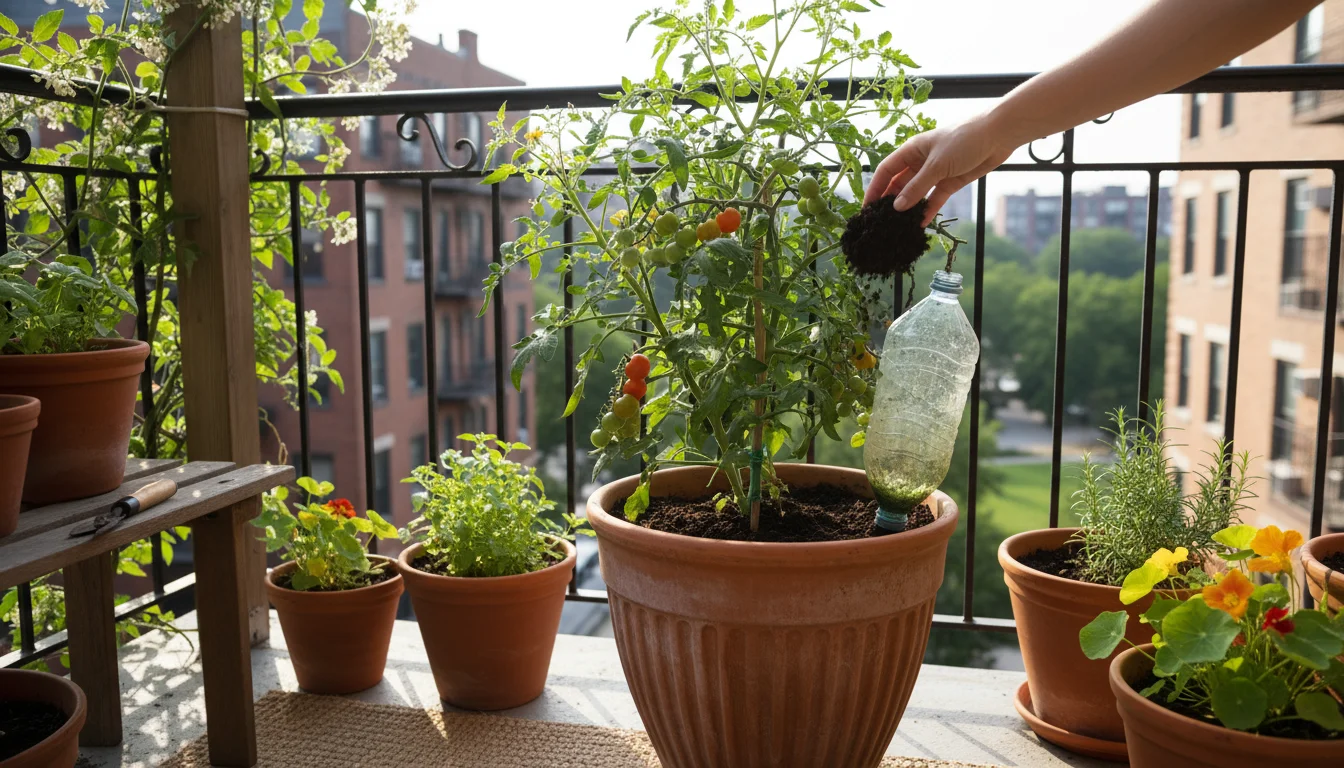 Gardener's hand adding dark compost to a healthy balcony tomato plant with an integrated, subtly used plastic bottle drip waterer.