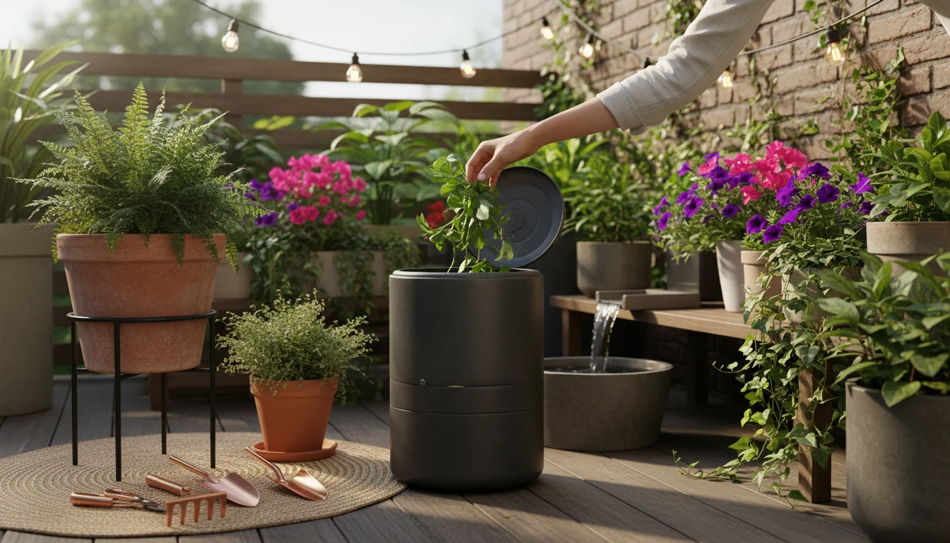 Gardener's hand adds plant trimmings to a sleek compost tumbler on a bright urban patio with container plants and tools.