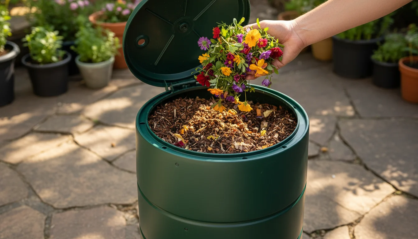 A gardener's hand adds vibrant spent annual flowers and healthy green leaves into a compact compost tumbler on a sunlit patio.