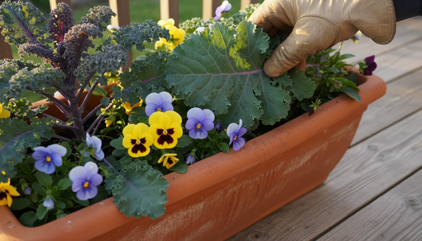 Gardener's hand gently adjusts a kale leaf within a terracotta balcony planter filled with pansies, inspecting for pests.