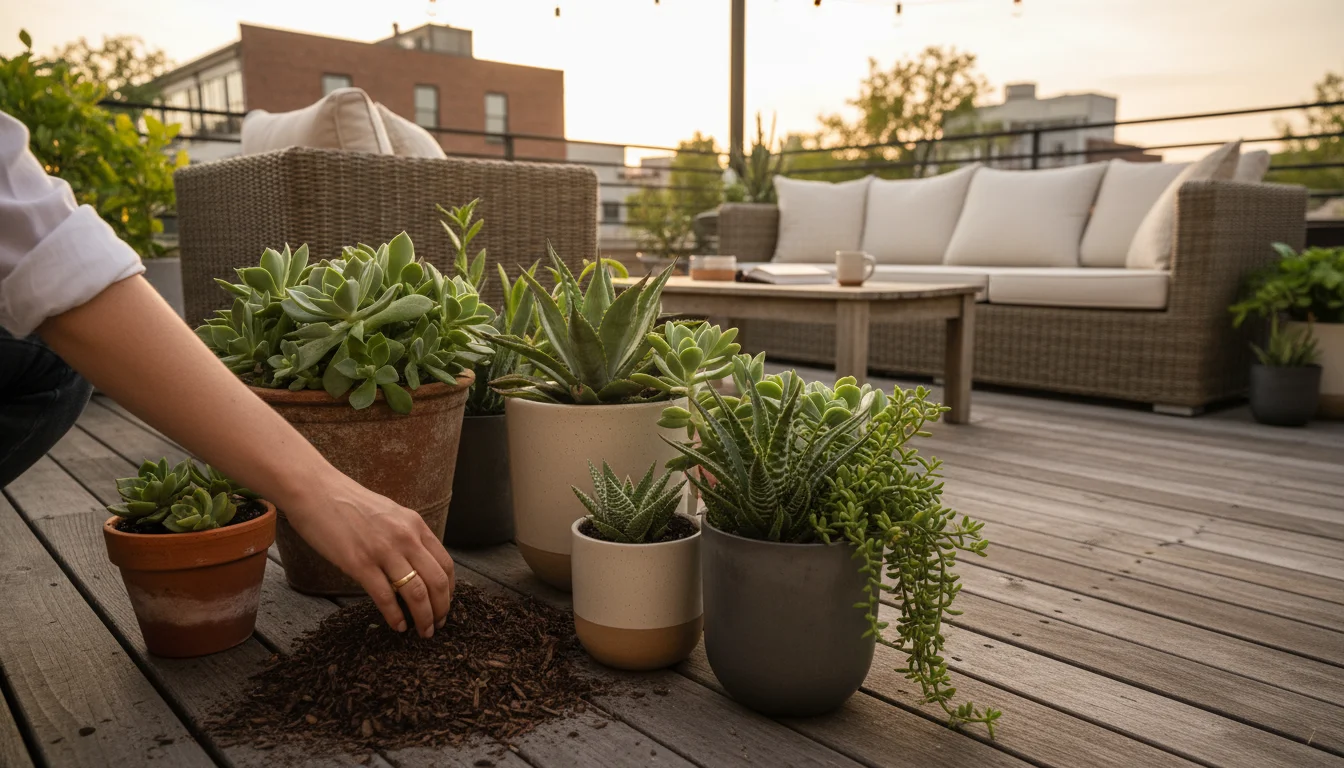 A gardener's hand applies dark shredded bark mulch to a vibrant native plant in a grey pot, surrounded by other mulched containers on a sunny patio.