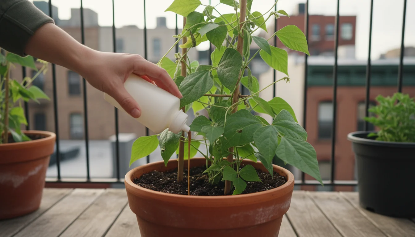 Gardener's hand applies liquid fertilizer to a lush vining bean plant with purple flowers and small pods in a terracotta pot on a sunny urban balcony.