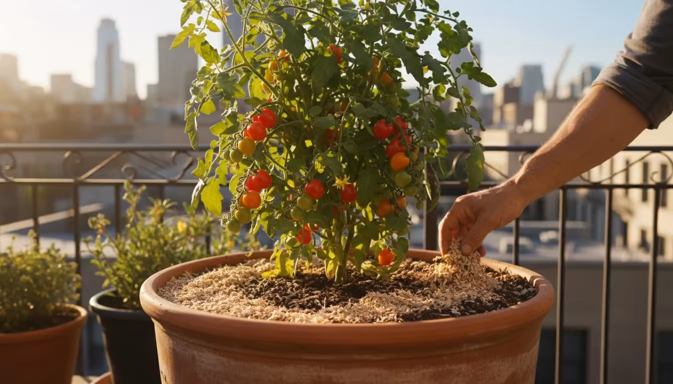 Close-up of a gardener's hand applying shredded bark mulch to a cherry tomato plant in a terracotta pot on a sunny urban balcony.