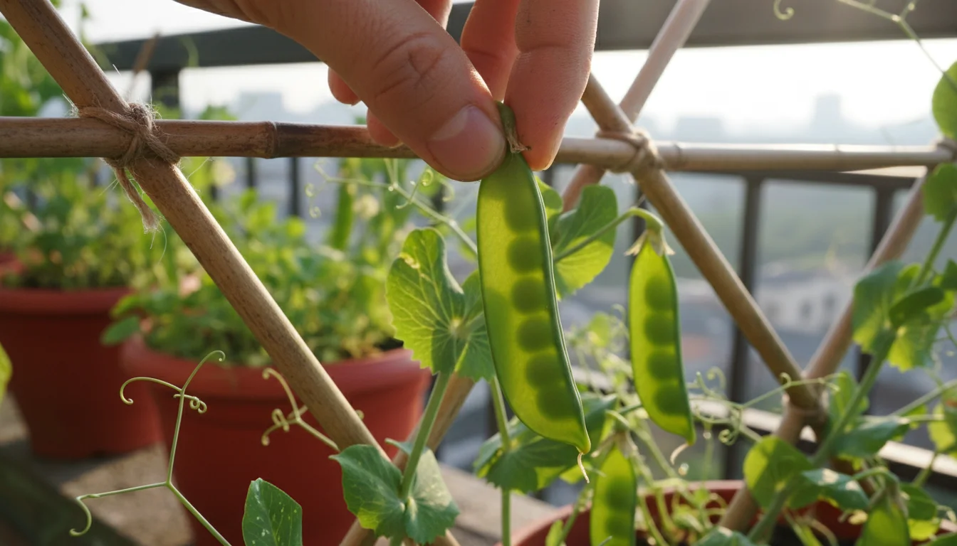 Close-up of a gardener's hand gently bending a plump, bright green sugar snap pea pod on a balcony trellis, checking for ripeness.