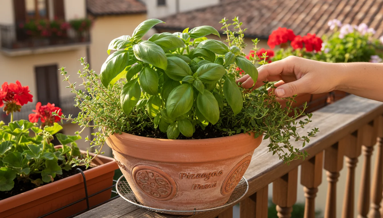 Close-up of a gardener's hand gently brushing pristine, vibrant basil leaves in a terracotta pot with oregano and thyme on a sunny balcony.