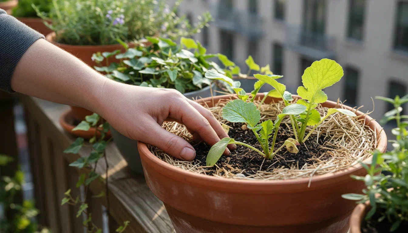 Gardener's hand checking moist, mulched soil of healthy radish plants in a pot on a balcony under soft light.