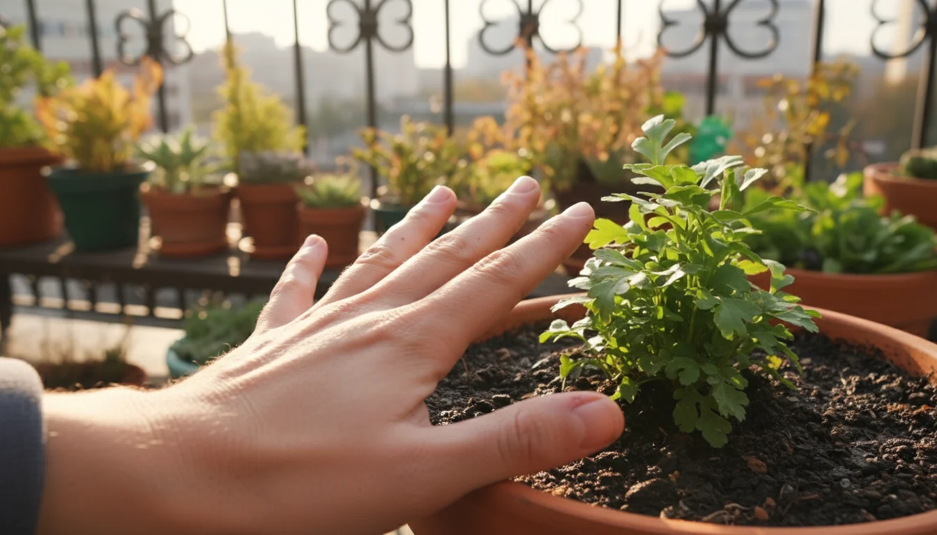 Close-up of a gardener's hand gently checking the moist soil in a container plant on an autumn urban balcony.