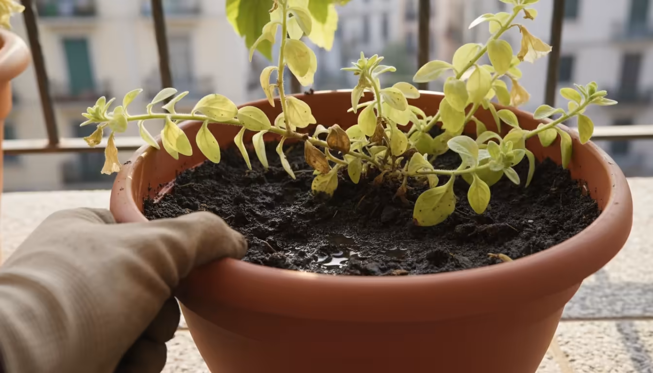Gardener's hand checking saturated, muddy soil of a droopy, pale green petunia in a terracotta pot on a sunny urban balcony, showing watering imbalanc