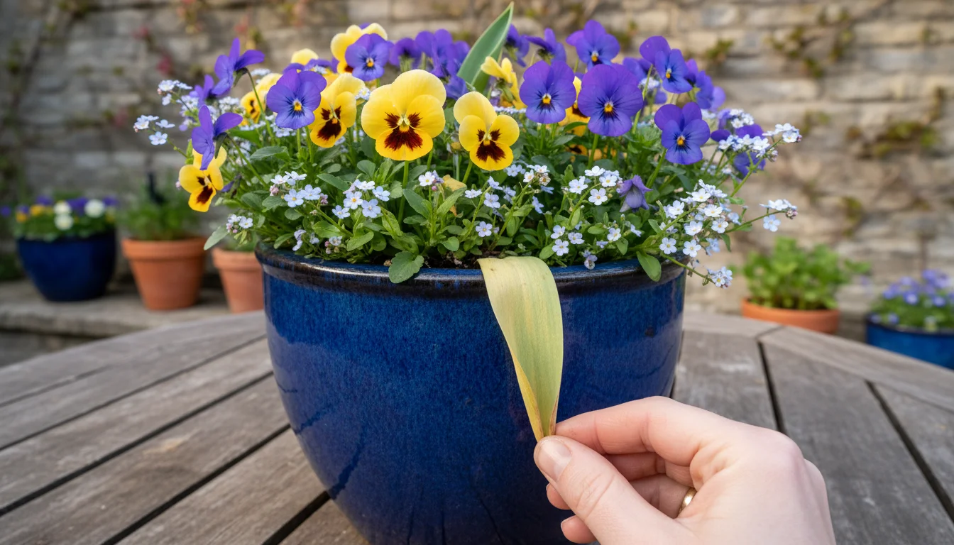Close-up of a gardener's hand checking soil moisture in a blue container pot, featuring a yellowing, drooping tulip leaf amongst healthy annuals.