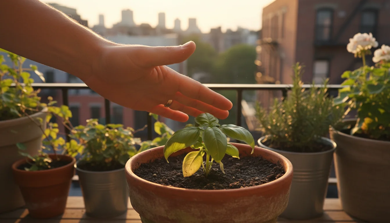 A gardener's hand checks a basil plant with slightly yellow leaves in a terracotta pot on a balcony.