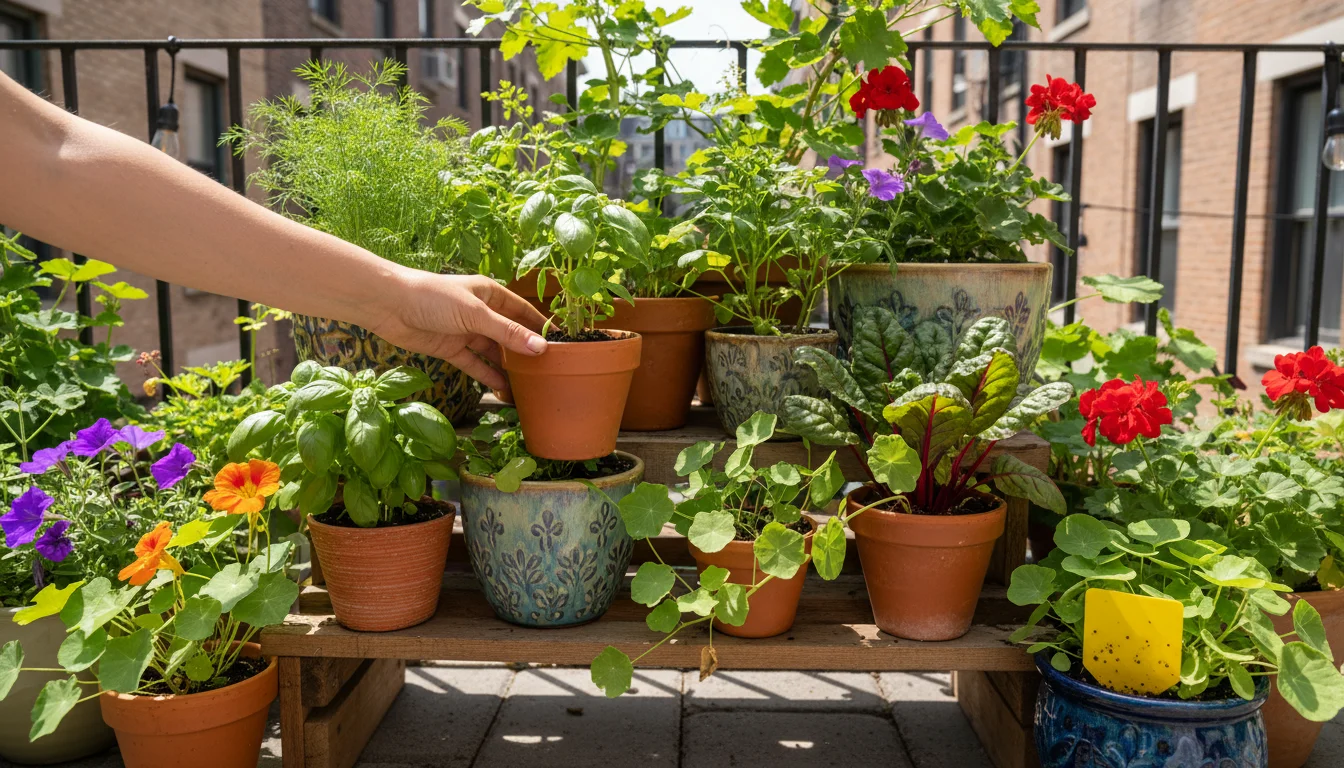 A gardener's hand checks a basil pot among a diverse collection of container plants on a sunny patio, with a subtle yellow sticky trap in a nearby ros