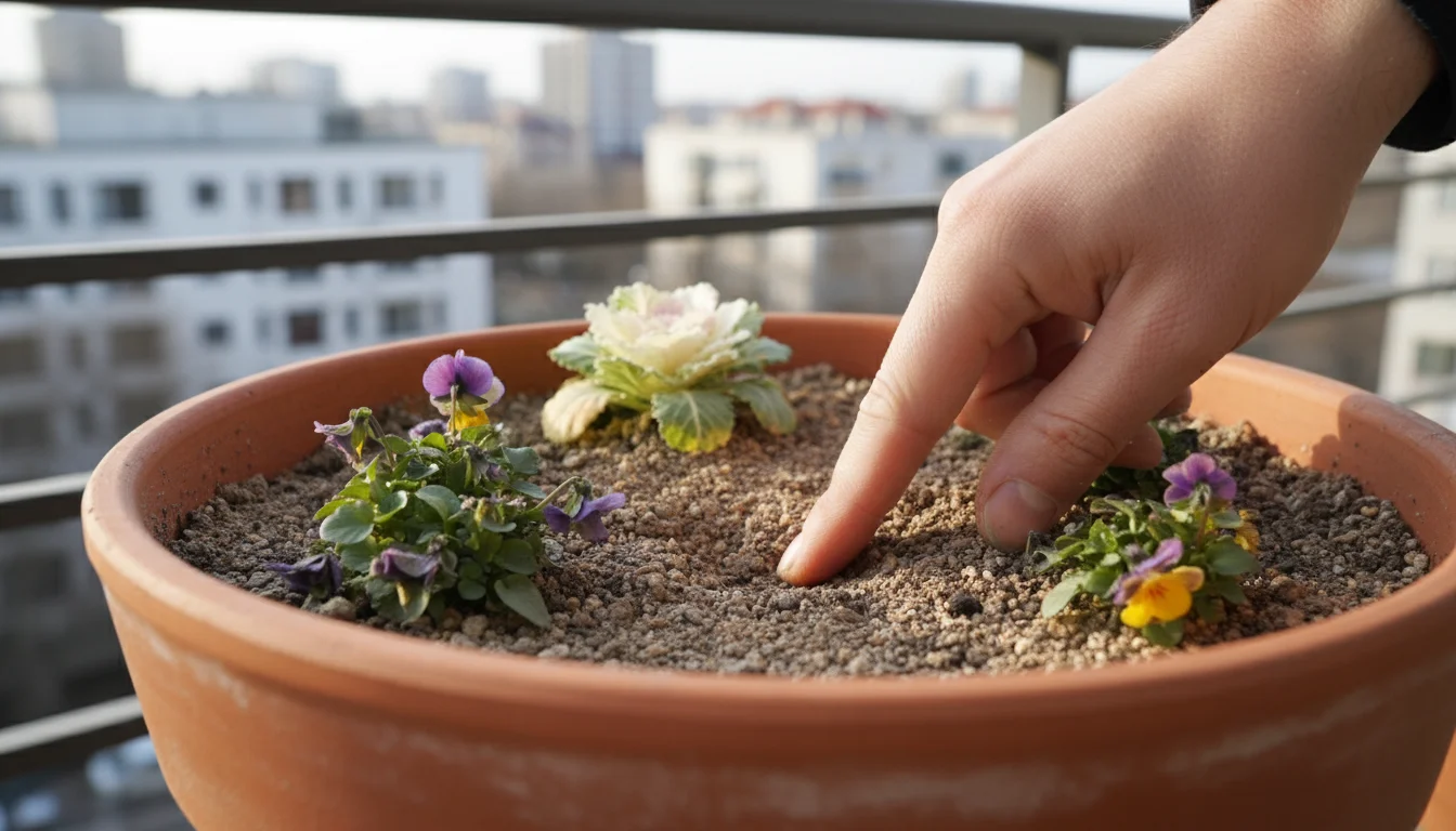 A gardener's hand checks dry, crumbly soil in a terracotta pot on a breezy balcony, with fall container plants.