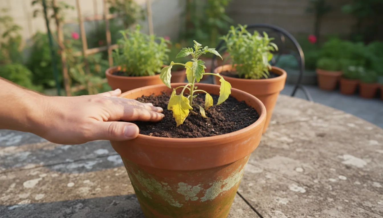A gardener's hand checks saturated, dark soil of a yellowing container plant, showing poor drainage on a small patio.