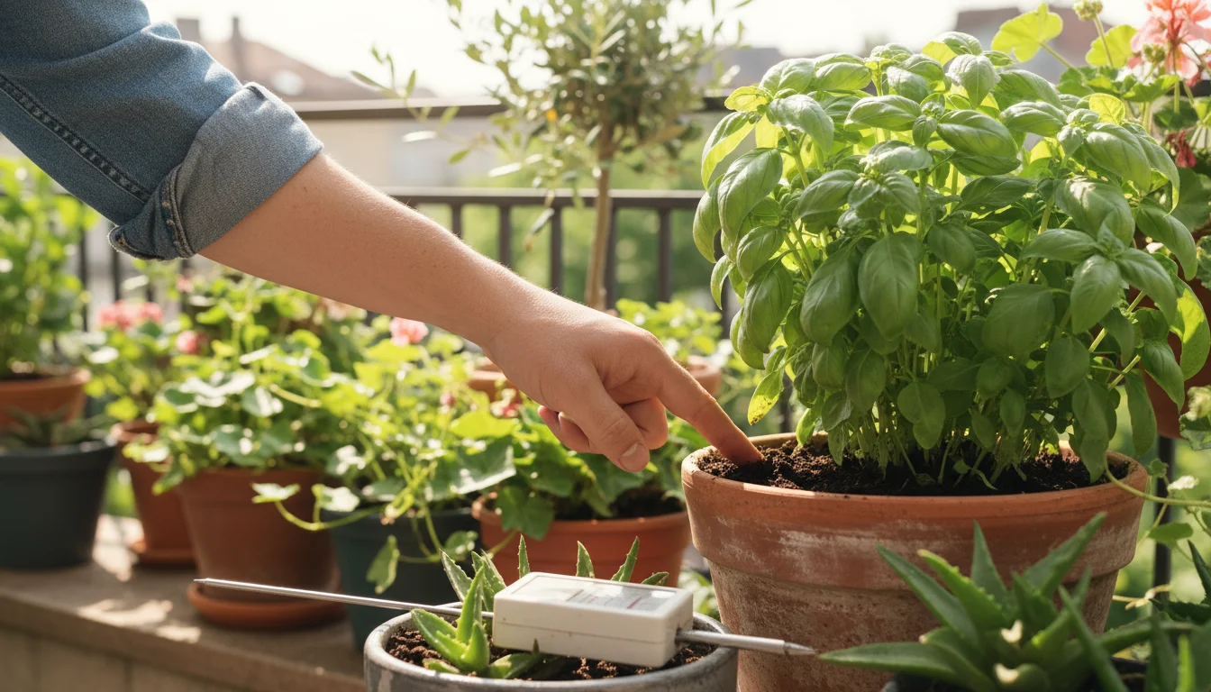 A gardener's hand checks soil moisture in a basil plant with their finger, while a soil moisture meter lies nearby on a balcony garden.