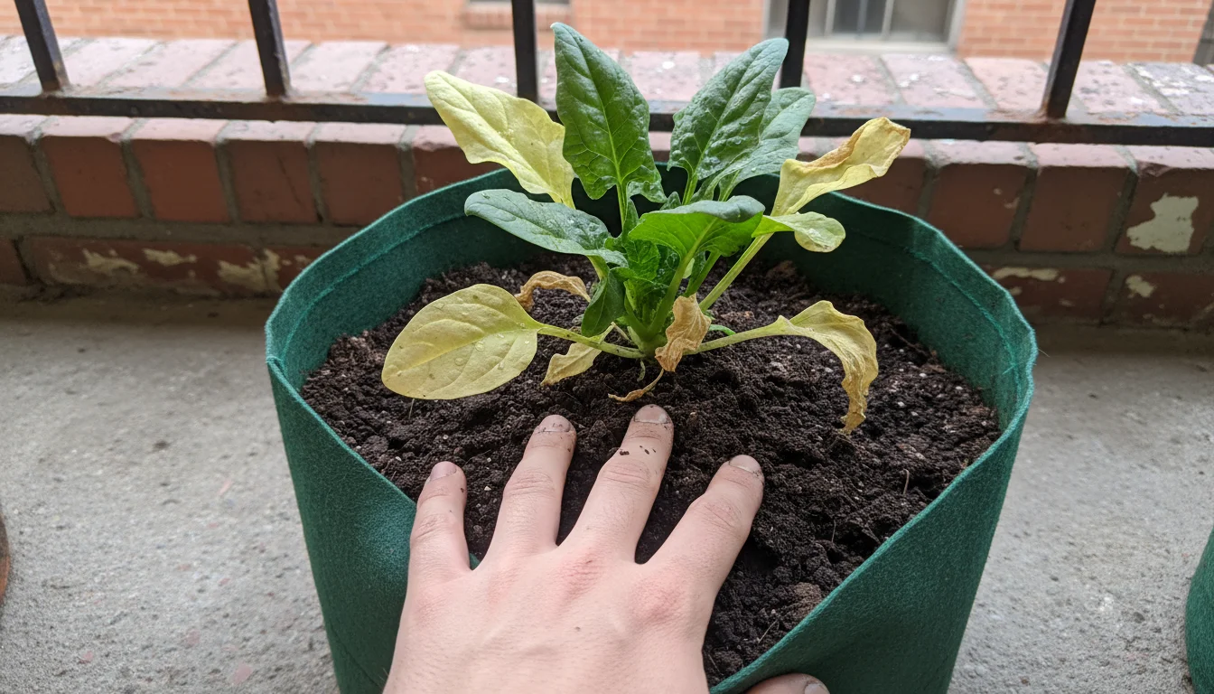 A gardener's hand checks the soil of a spinach plant with yellowing leaves in a fabric grow bag on an urban balcony.