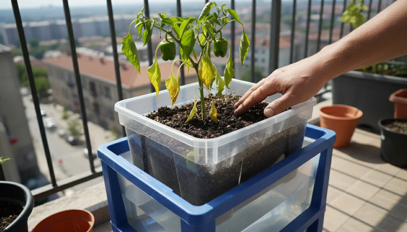 A gardener's hand checks the soil of a wilting bell pepper plant in a DIY self-watering container on a sunny balcony.