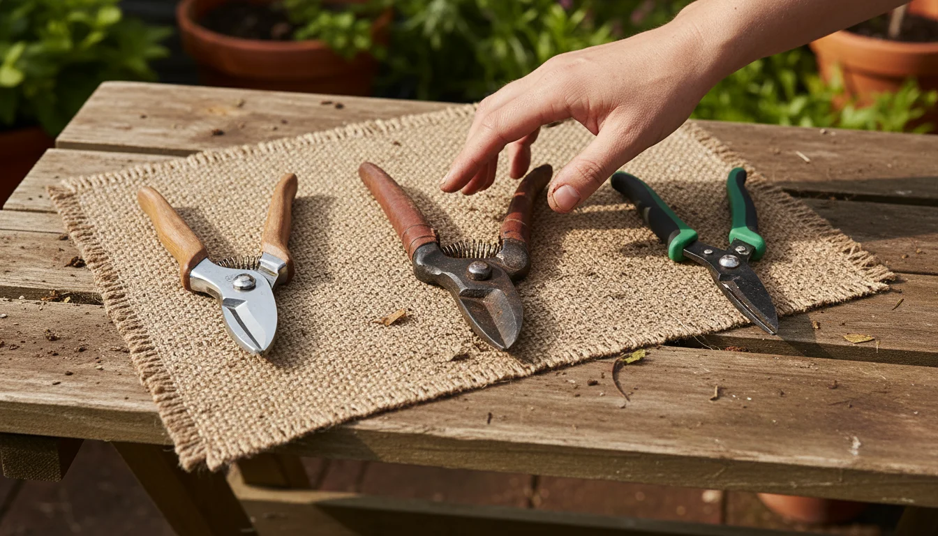 Gardener's hand choosing between bypass, anvil pruners, and herb snips on a potting bench, with container plants in the blurred background.