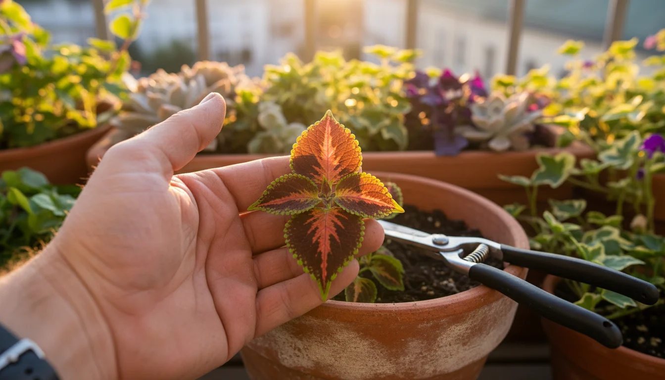 A gardener's hand gently cups a vibrant, intricately patterned coleus leaf in a terracotta pot on a sunny balcony, ready for cuttings.