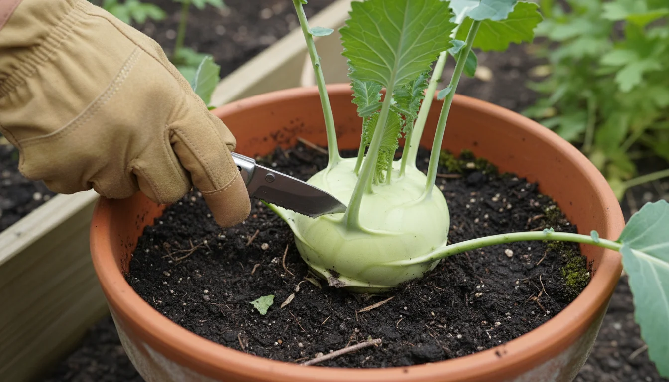 Gardener's hand cuts a 3-inch green kohlrabi from a terracotta pot with a knife on a sunny patio, ready for harvest.