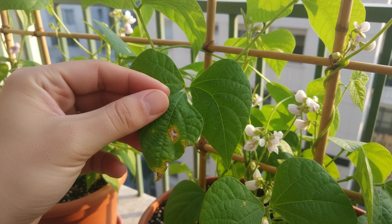 A gardener's hand examines a subtly chewed leaf on a container bean plant on a sunny balcony, hinting at plant troubleshooting.