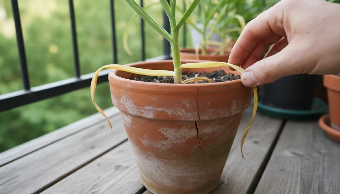 Gardener's hand gently examines yellowed lower leaves of a garlic plant growing in a terracotta pot on a balcony.
