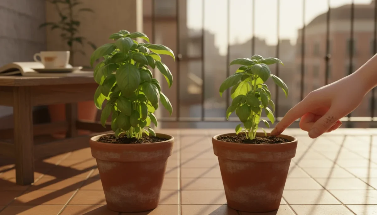 A gardener's hand feels soil in a container with a subtly wilting basil plant, next to a healthy one on a sunny patio.