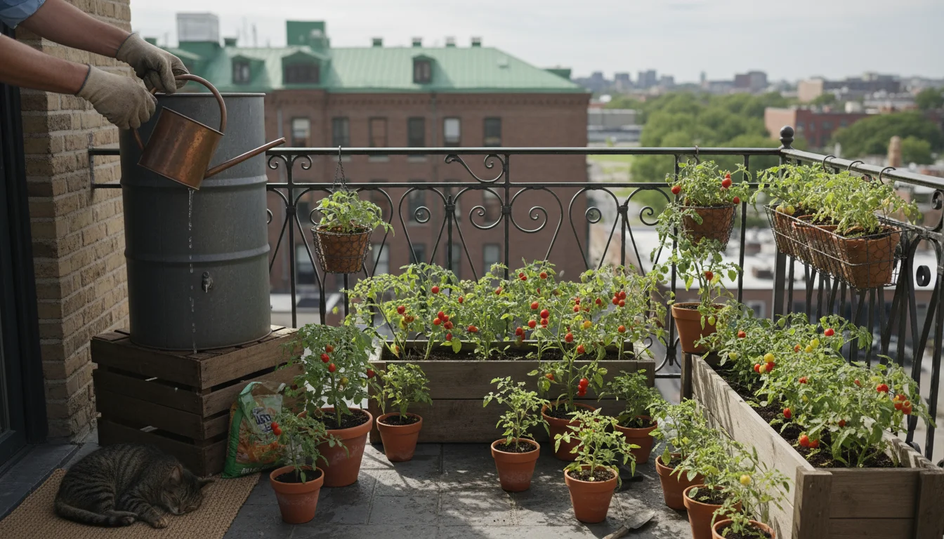 Gardener's hand filling a watering can from a repurposed rainwater collection bucket on a urban balcony with healthy micro-tomato plants.