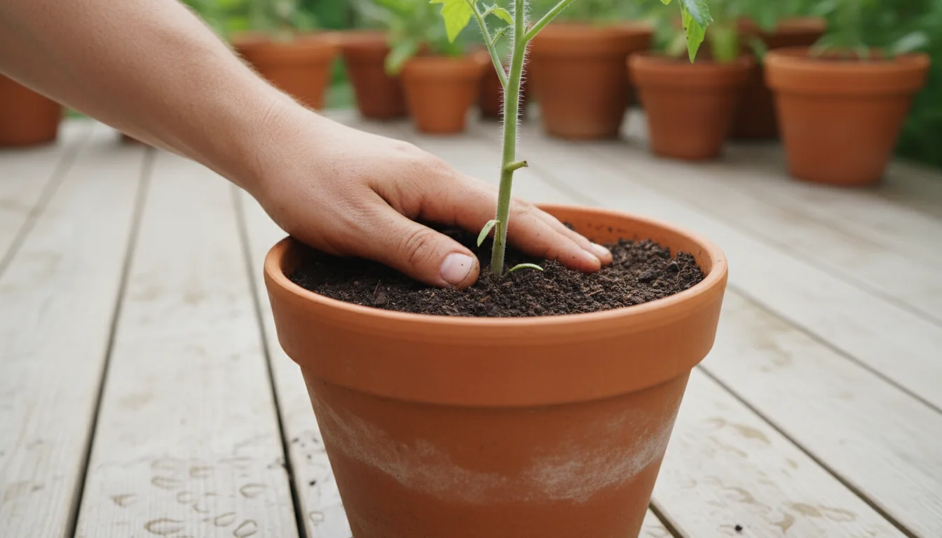 A gardener's hand gently firms soil around a deeply planted tomato seedling in a terracotta pot on a patio. Two-thirds of its stem is buried.