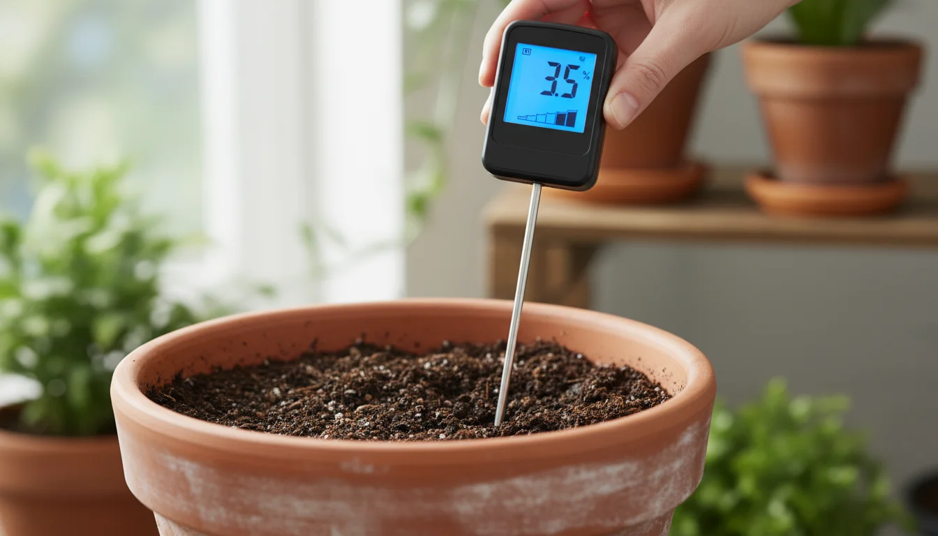A gardener's hand guides a digital moisture meter, displaying '3.5', into a terracotta pot holding a lush green plant on a light wooden surface.